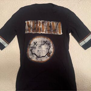 NIRVANA Black Short-Sleeve Tee with Distressed Smiley Graphic